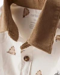 Baby Boy Tractor Print Cotton Long-Sleeve Button Down Shirt - White