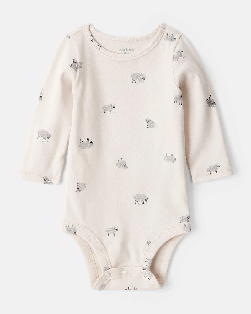 Baby Boy Sheep Print Cotton Long-Sleeve Overall Set - White/Grey