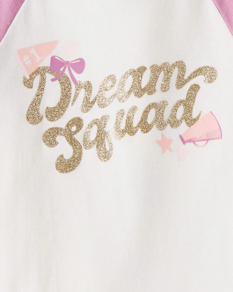 Girls Cheerleading Print 100% Cotton Long-Sleeve 4-Piece Pajamas - White/Pink