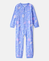 Girls Space Print Loose Fit Long-Sleeve Zip-Up 1-Piece Pajamas - Blue