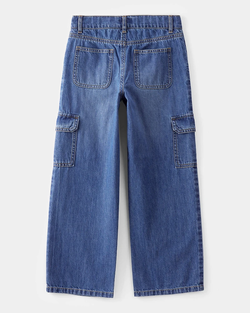 Kid High Rise Cargo Denim Jeans - Blue Wash