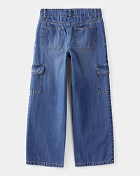 Kid  High Rise Cargo Denim Jeans - Blue Wash