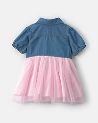 Baby Girl Chambray Tulle Short-Sleeve Dress - Light Wash