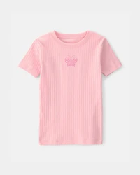 Girls Butterfly Rib Snug Fit 2-Piece Pajama Set - Pink