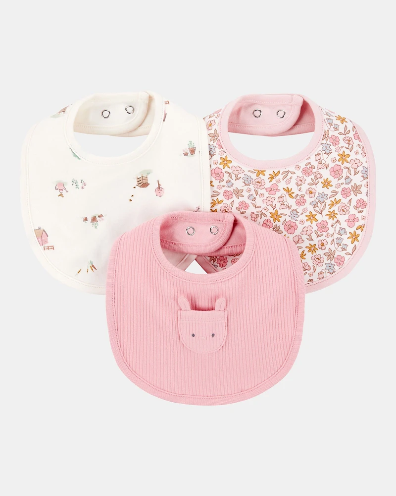 Baby 3-Pack Floral Bibs - Pink/Ivory
