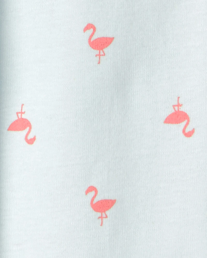 Girls Flamingo 100% Cotton Short-Sleeve Snug Fit 4-Piece Pajama Set - Pink/Blue