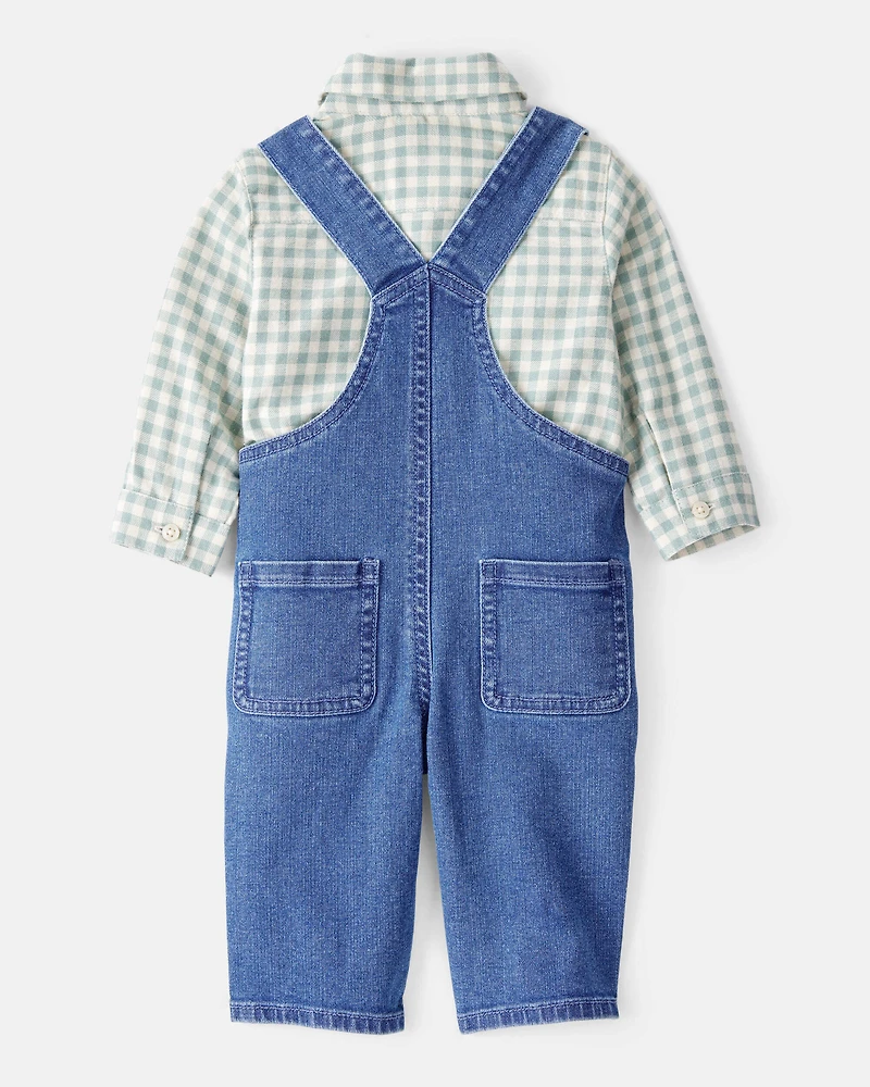 Baby Boy Checkered Print Bodysuit Overall Set - Blue/Green
