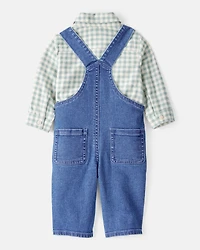 Baby Boy Checkered Print Bodysuit Overall Set - Blue/Green