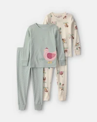 Toddler Girl 4-Piece Country Chicken 100% Cotton Snug Fit Pajama Set - Green/Cream