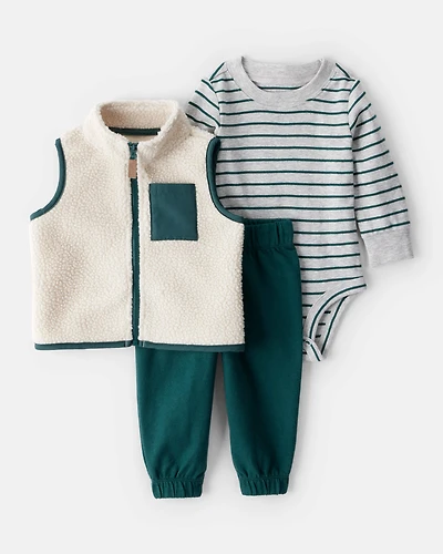 Baby Boy 3-Piece Fleece Vest Outfit Set - Green