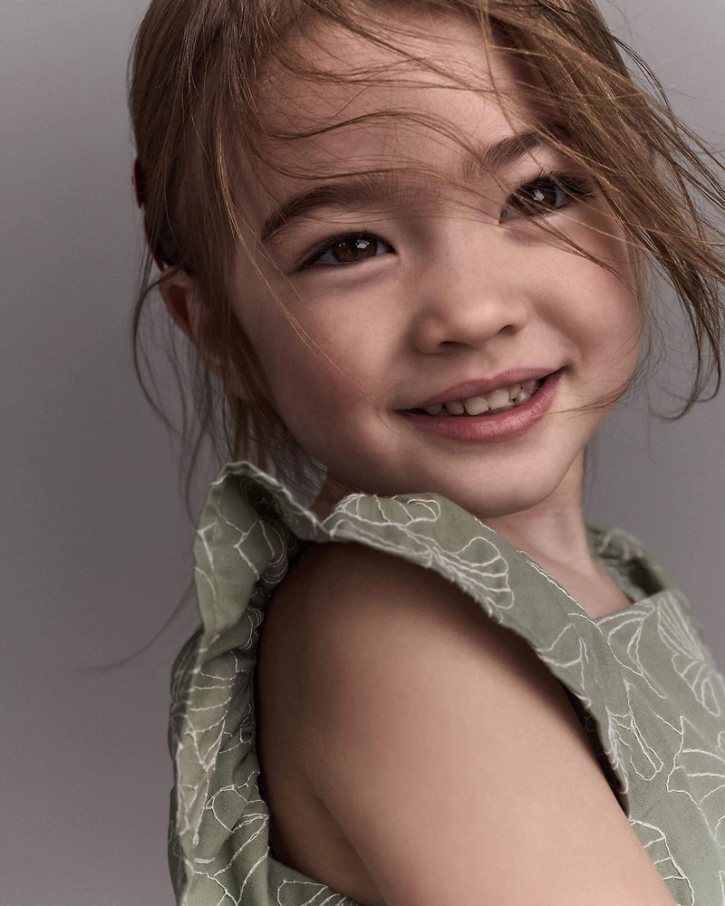 Toddler Girl Embroidered Flutter Sleeve Dress in Floral Print - Green