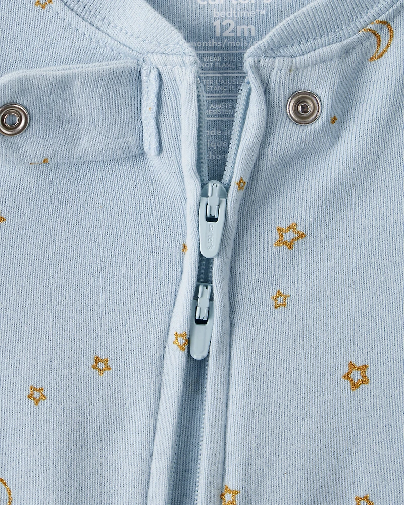 Baby Girl Unicorn Star Print 100% Cotton Long-Sleeve 2-Way Zip 1-Piece Pajamas - Blue