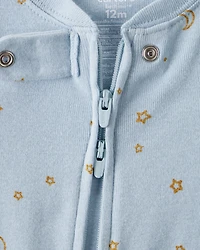 Baby Girl Unicorn Star Print 100% Cotton Long-Sleeve 2-Way Zip 1-Piece Pajamas - Blue