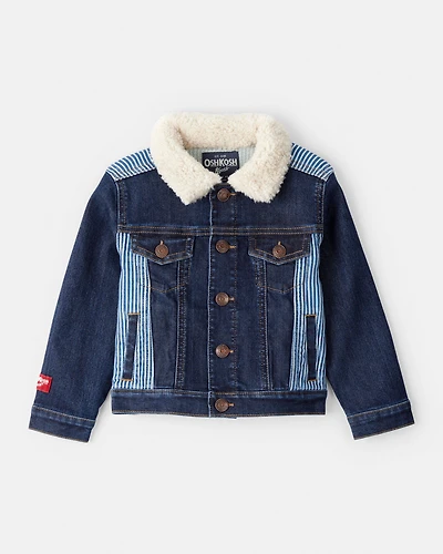 Toddler Hickory Stripe Denim Jacket with Teddy Fleece Collar - Blue