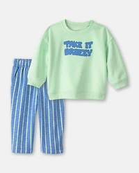 Toddler Boy 2-Piece 'Take It Breezy' French Terry Pullover Sweatshirt & Striped Joggers Set - Green/Blue
