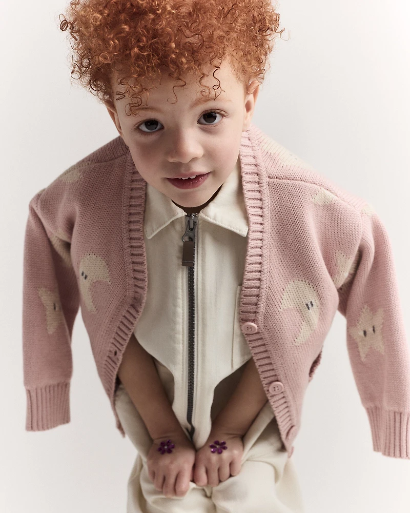 Toddler Girl Star & Moon Pocket Cardigan - Light Pink