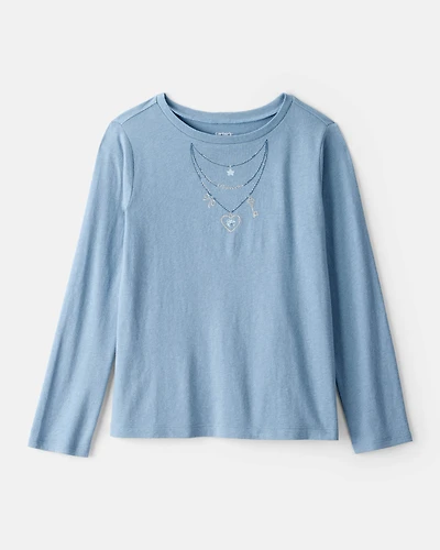 Girls Charm Necklace Long-Sleeve Graphic Tee - Blue