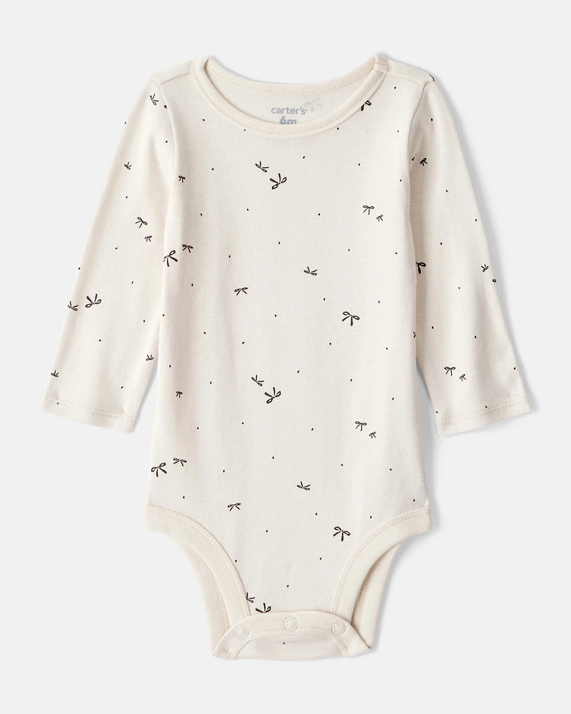 Baby Girl Bow Print Cotton Long-Sleeve Dress Set - Grey