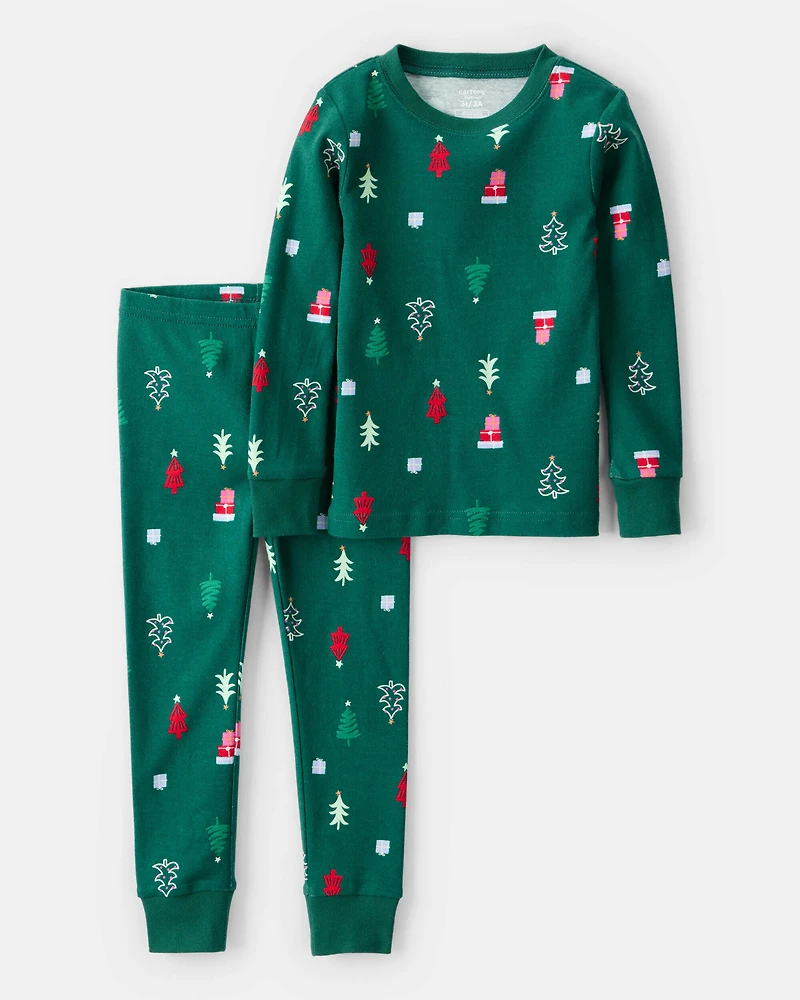Toddler Christmas 100% Cotton Snug Fit 4-Piece Pajamas - Green/White