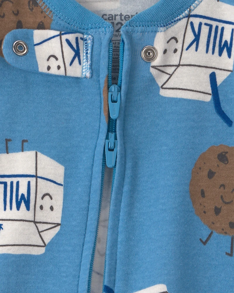 Baby Boy 1-Piece Milk & Cookies 2-Way Zip 100% Cotton Snug Fit Footed Pajama - Blue