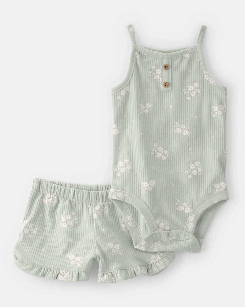 Baby Girl 2-Piece Floral Sleeveless Bodysuit & Short Set - Green