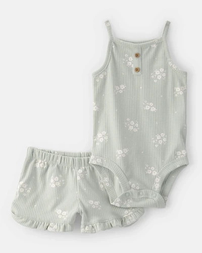 Baby Girl 2-Piece Floral Sleeveless Bodysuit & Short Set - Green