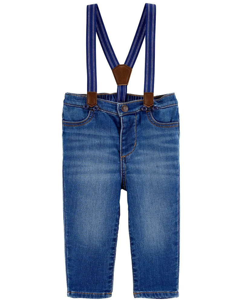Baby Knit-Denim Suspender Pants