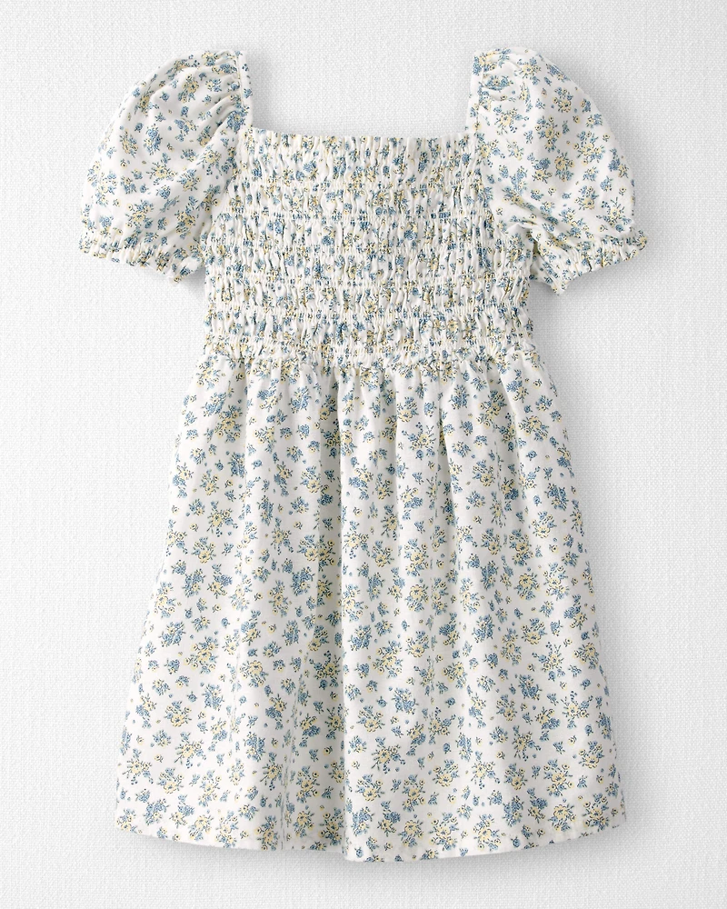 Toddler Girl Smocked Dress Made with Organic Cotton in Spring Bloom Print