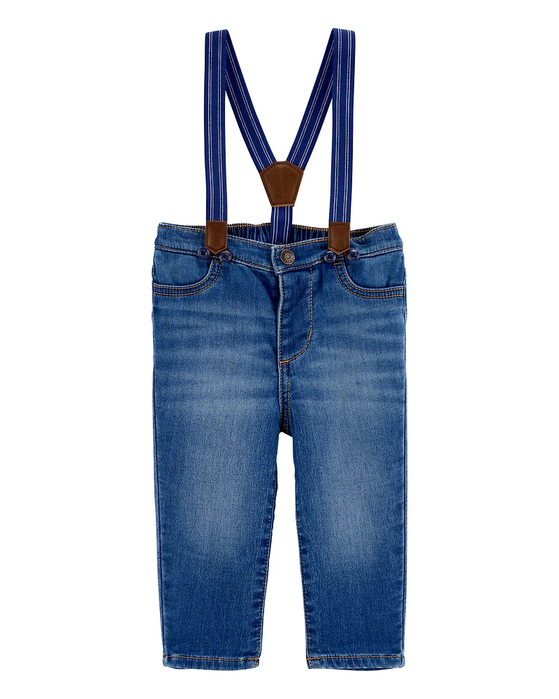 Baby Knit-Denim Suspender Pants