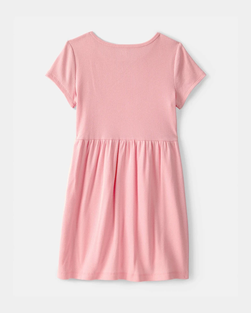 Girls Rib Short-Sleeve Dress - Pink