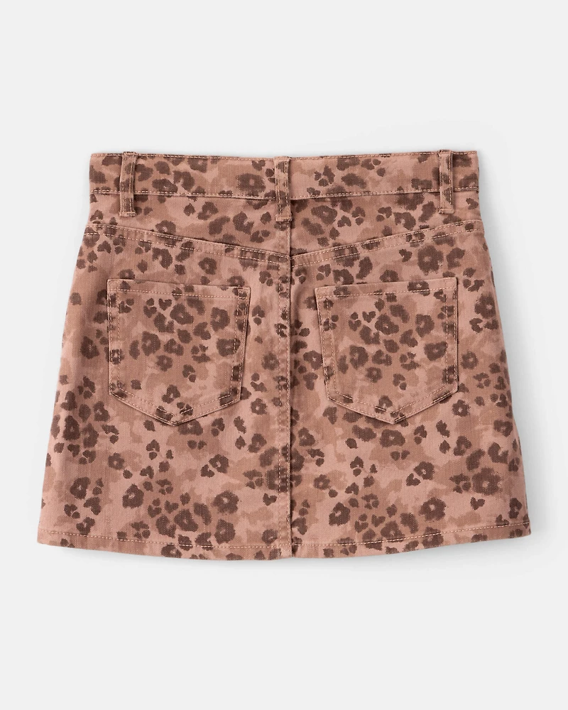 Girls Leopard Print Denim Skirt - Brown