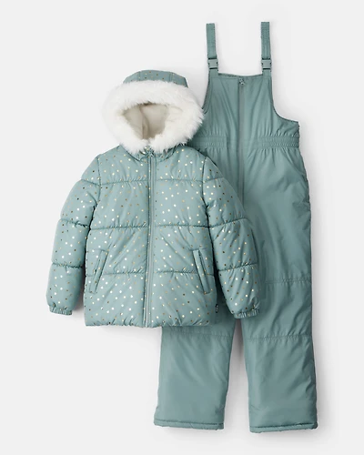 Girls 2-Piece Polka Dot Hooded Snowsuit Jacket & Bib Set - Green