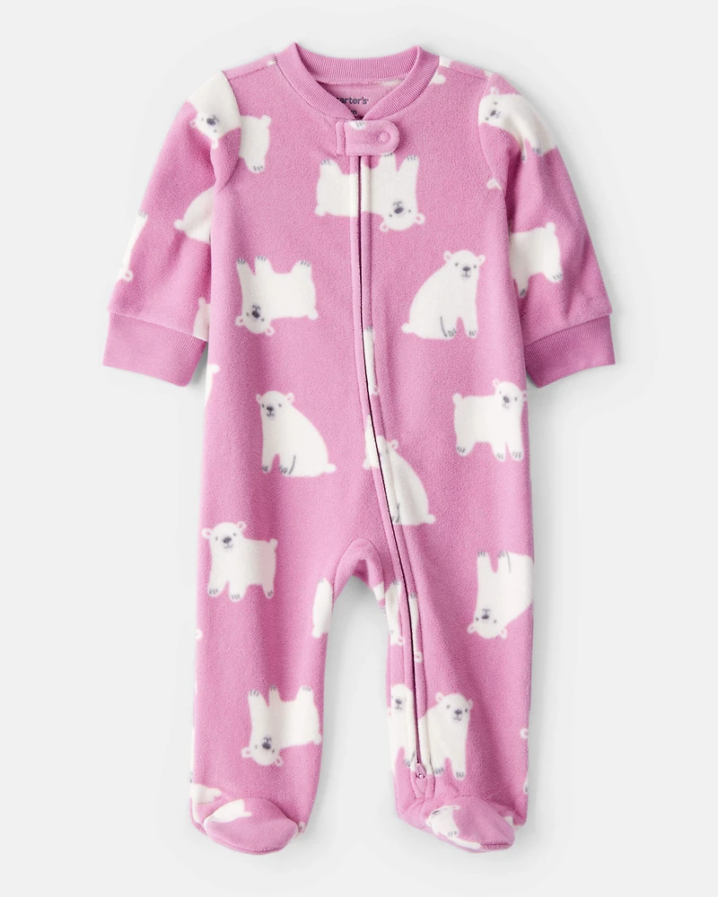 Baby Girl Polar Bear Print Loose Fit Long-Sleeve Sleep & Play Pajamas - Pink