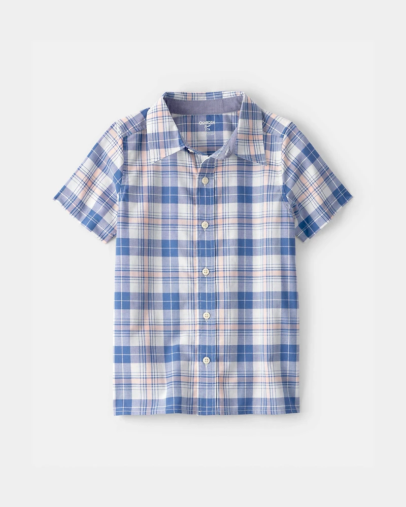 Boys Plaid Short-Sleeve Button-Down Shirt - Blue