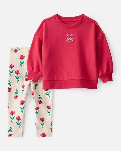 Baby Girl Floral Windmill French Terry Sweatshirt & Pant Set - Red