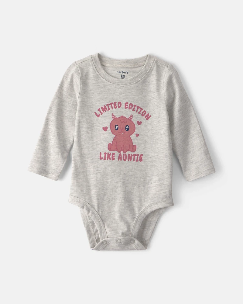 Baby Girl 'Limited Edition Like Auntie' Long-Sleeve Graphic Bodysuit - Grey