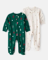 Baby 2-Pack Christmas 100% Cotton Snug Fit 2-Way Zip Sleep & Play Pajamas -Green/White