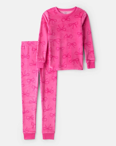 Girls Bow Print DreamPlush Long-Sleeve Snug Fit 2-Piece Pajamas - Pink