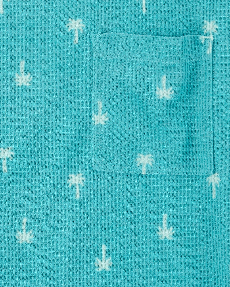 Boys Palm Tree Print Loose Fit Waffle Knit 2-Piece Pajamas - Turquoise
