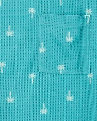Boys Palm Tree Print Loose Fit Waffle Knit 2-Piece Pajamas - Turquoise