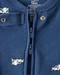 Baby Boy Construction Print 100% Cotton Long-Sleeve 2-Way Zip 1-Piece Pajamas - Blue