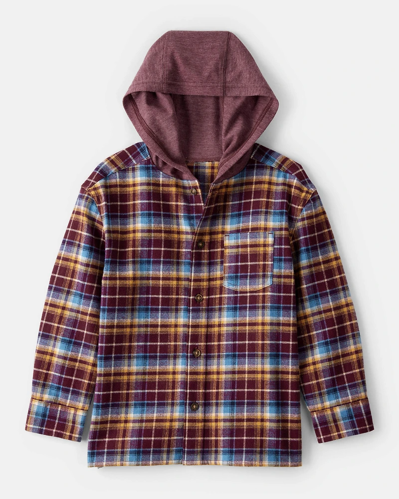 Boys Plaid Hooded Button-Down Shirt