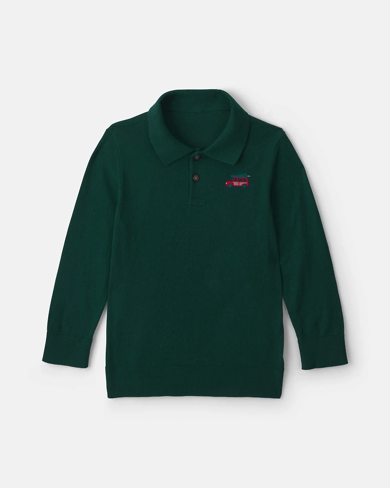Boys Long-Sleeve Polo Sweater Shirt - Olive Green
