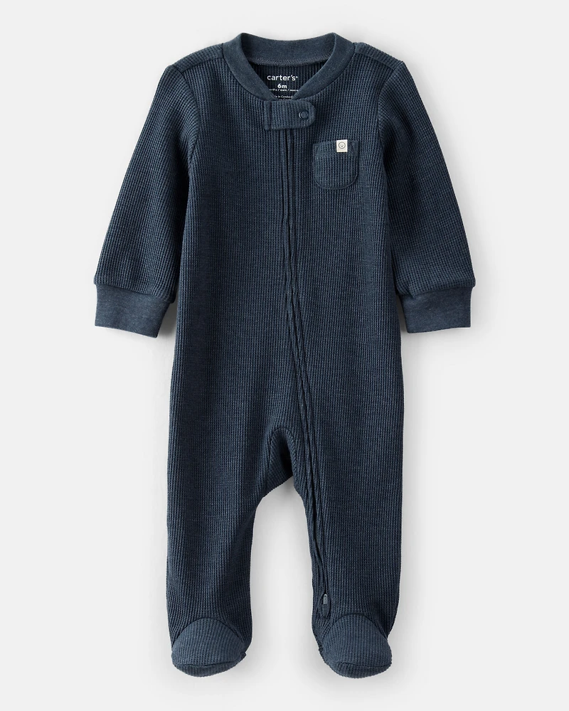 Baby Boy Solid Cotton Long-Sleeve 2-Way Zip Sleep & Play Pajamas - Navy