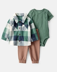Baby 3-Piece Plaid Little Jacket Set - Green/Brown