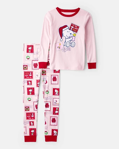 Girls Peanuts Snoopy Print 100% Cotton Long-Sleeve Snug Fit 2-Piece Pajamas - Pink