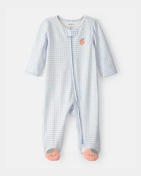 Baby Girl Peach Gingham 2-Way Zip 100% Cotton Sleep & Play Pajama - Blue