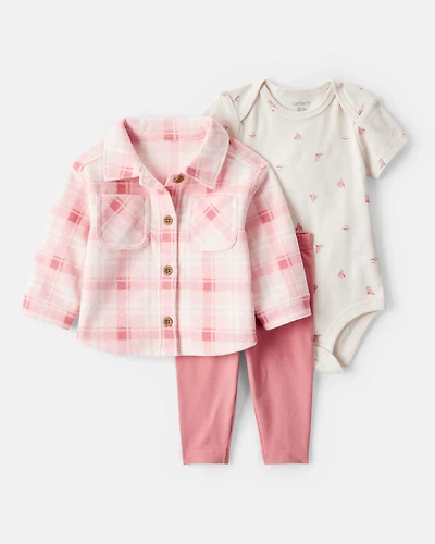 Baby Girl 3-Piece Plaid Print Fleece Jacket, Bodysuit & Pant Set - Pink