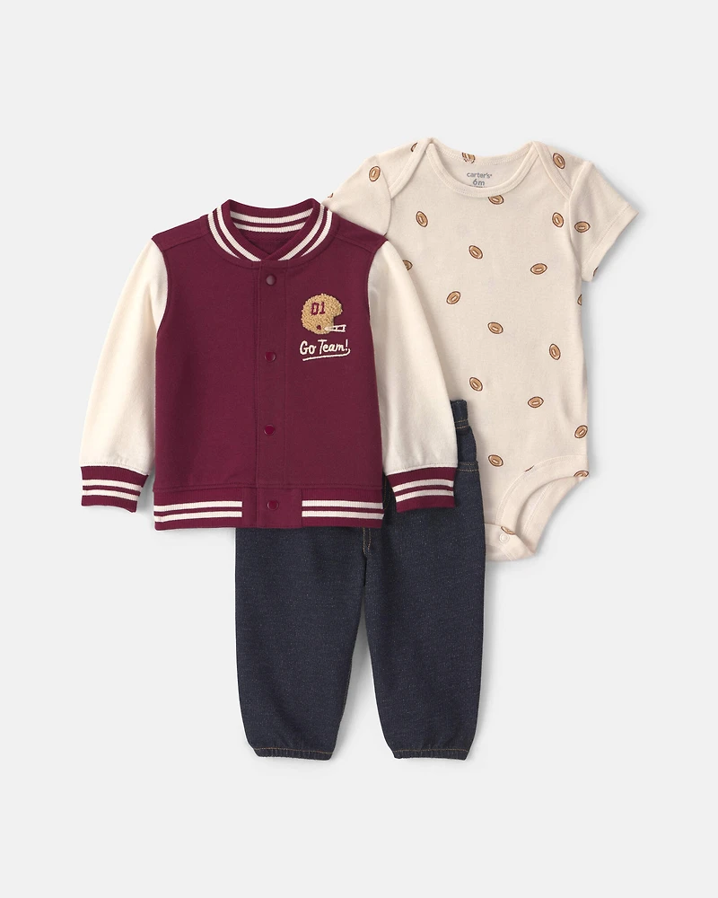 Baby Boy 3-Piece 'Go Team' Football French Terry Layering Set - Maroon