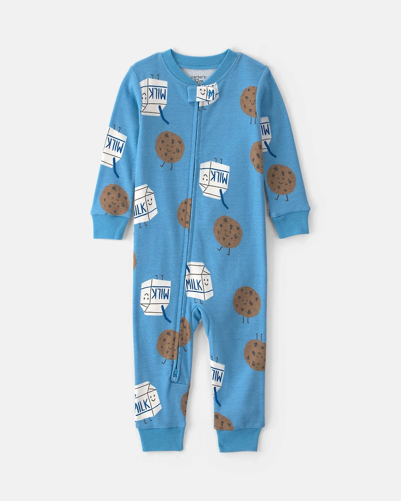 Toddler Boy 1-Piece Milk & Cookies 100% Cotton Snug Fit Pajama - Blue